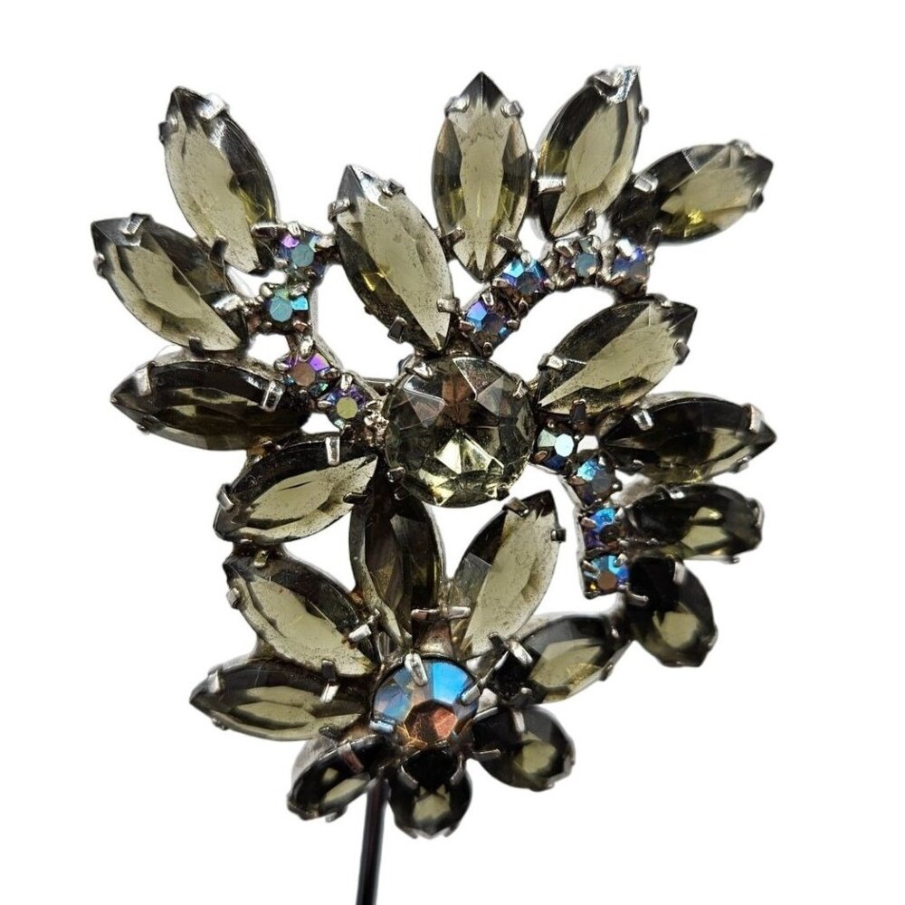 Vintage Big Delizza & Elster Juliana Style Grey & Blue AB  Rhinestones Brooch